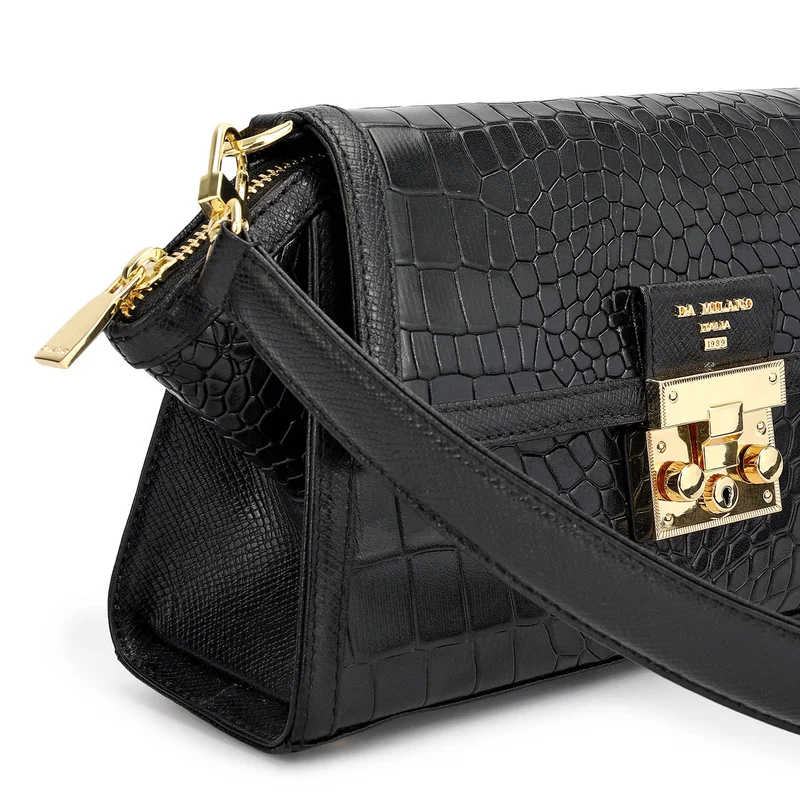 Da Milano Black Small Croco Leather Shoulder Bag - Black for Women | Best Price UAE